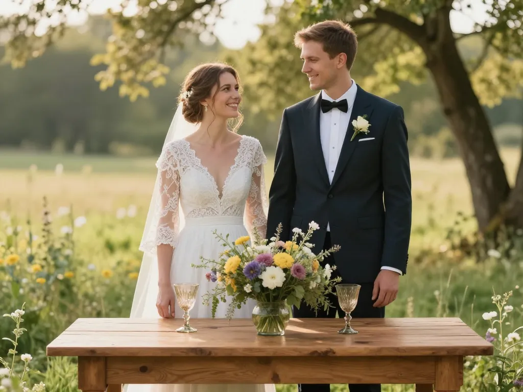 Table de mariage champêtre décorée avec des matériaux durables et des fleurs de saison devant un couple de mariés.