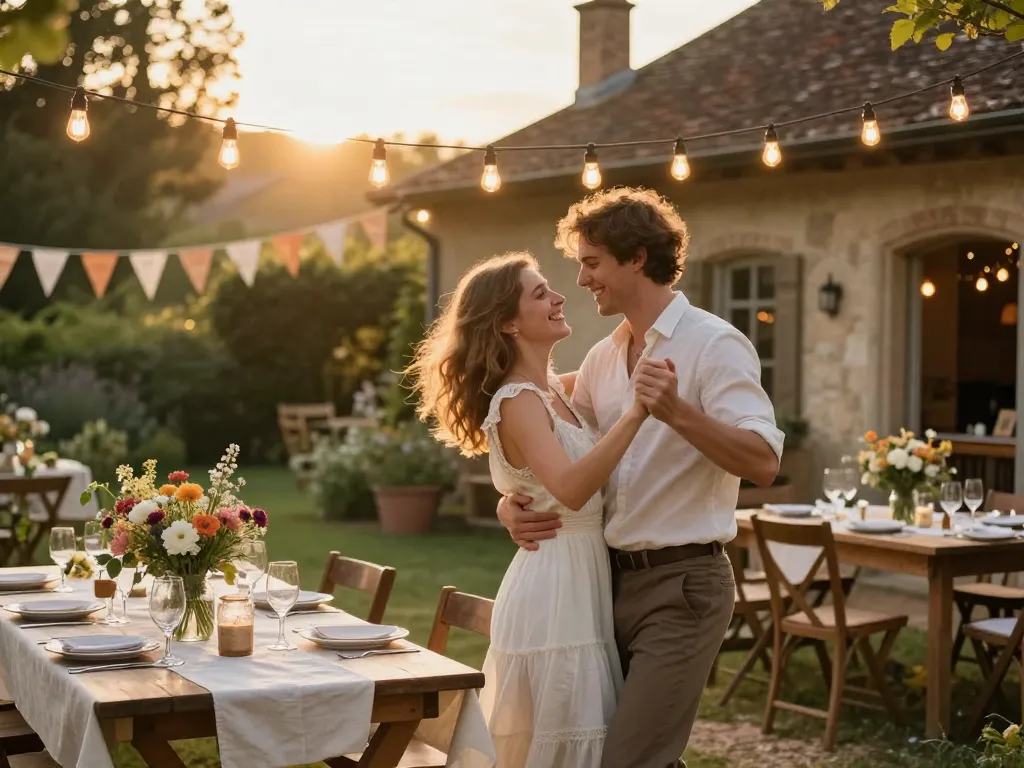 Un couple de mariés heureux dansant sous des guirlandes lumineuses dans le jardin d'un domaine décoré dans un style champêtre et guinguette.