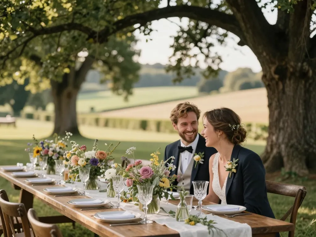 Décoration de mariage champêtre élégante avec une table en bois et des compositions de fleurs sauvages dans le jardin d'un domaine.