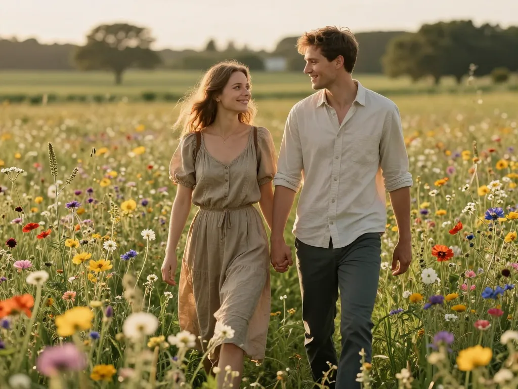 Décoration florale de mariage champêtre dans une prairie de fleurs sauvages avec un couple élégant.