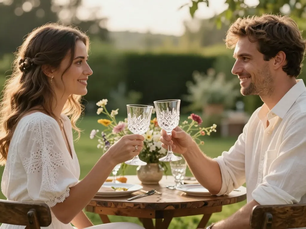 Gros plan sur des verres en cristal ciselé tenus par un couple élégant lors d'un mariage champêtre et chic en extérieur.