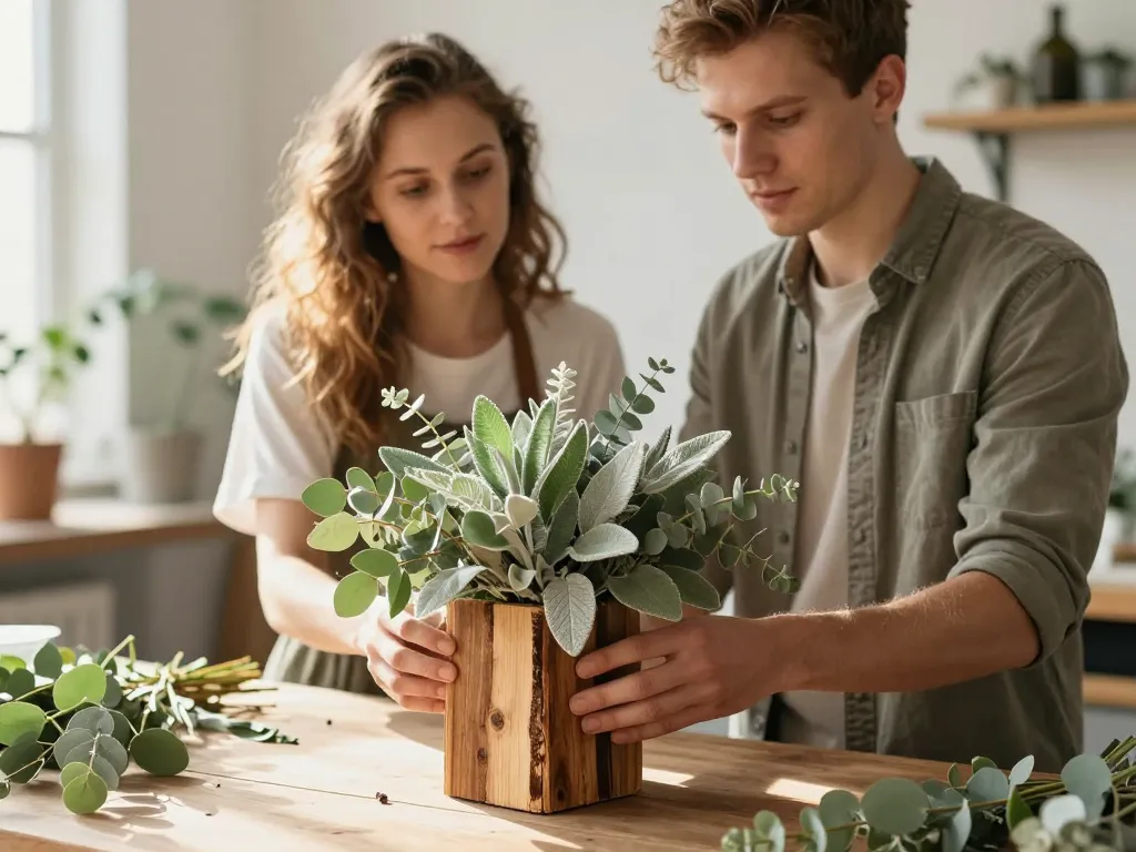 Un couple préparant une décoration de mariage artisanale avec de la sauge, de l'eucalyptus et des planches de bois brut dans un atelier lumineux.