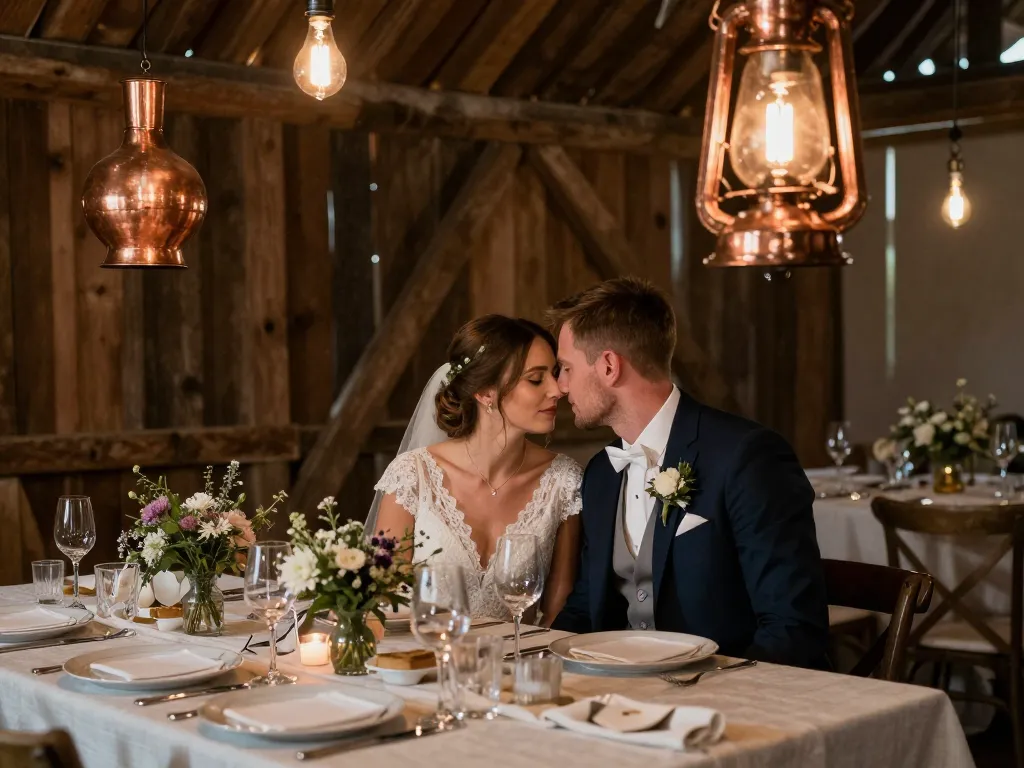 Couple de mariés dans une salle de réception au style champêtre avec des éclairages tamisés et des éléments de décoration en cuivre apportant des reflets chaleureux.