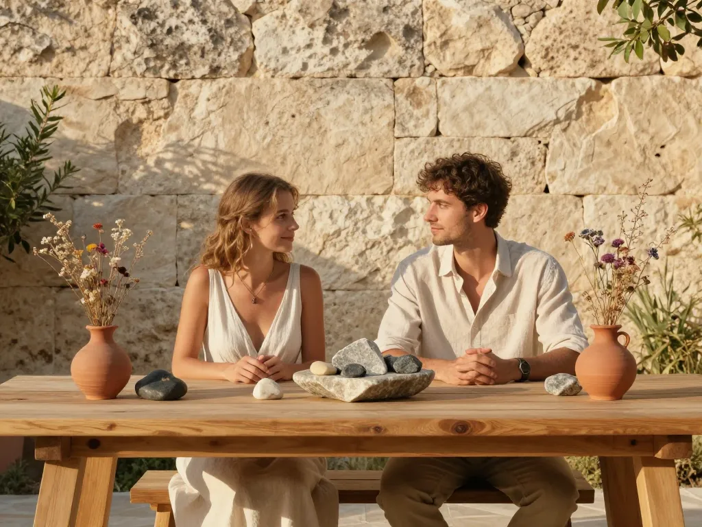 Scénographie de mariage éco-responsable mettant en scène des éléments minéraux, de la pierre naturelle et des textiles en lin sur une table champêtre.