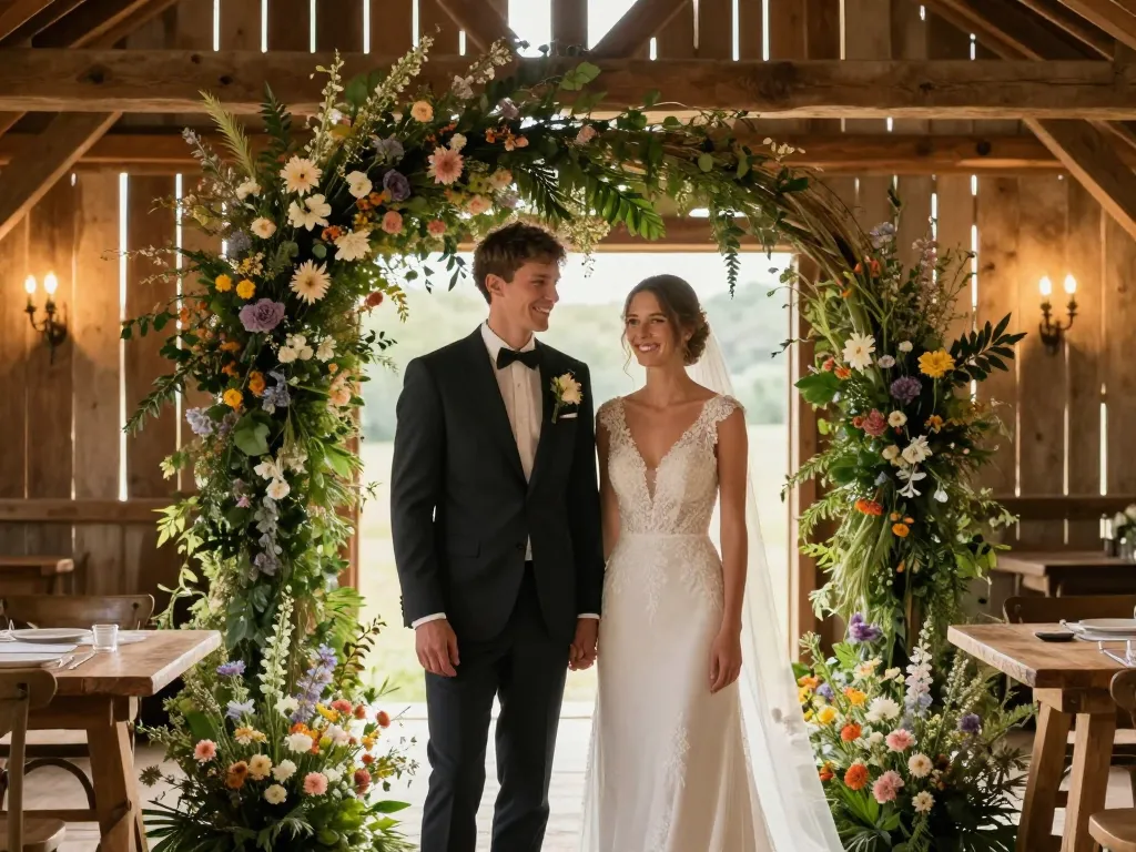 Couple de mariés souriants devant une arche de fleurs sauvages et de verdure dans une grange rustique décorée pour un mariage.