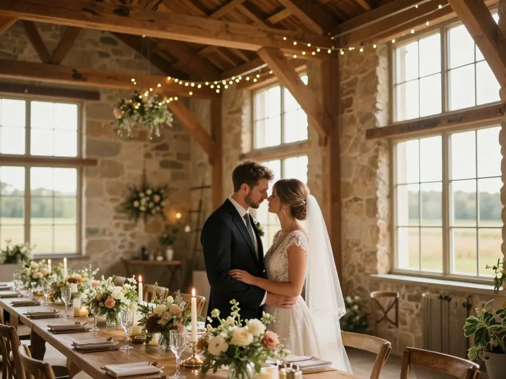 Décoration de mariage élégante et champêtre dans une grange majestueuse avec un couple de mariés et des tables banquet.