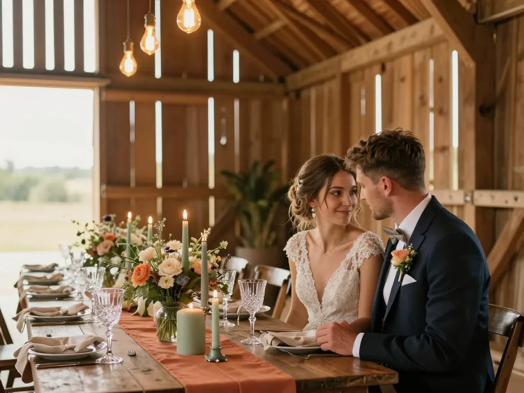 Décoration de table de mariage champêtre dans une grange avec des compositions florales et un couple romantique.