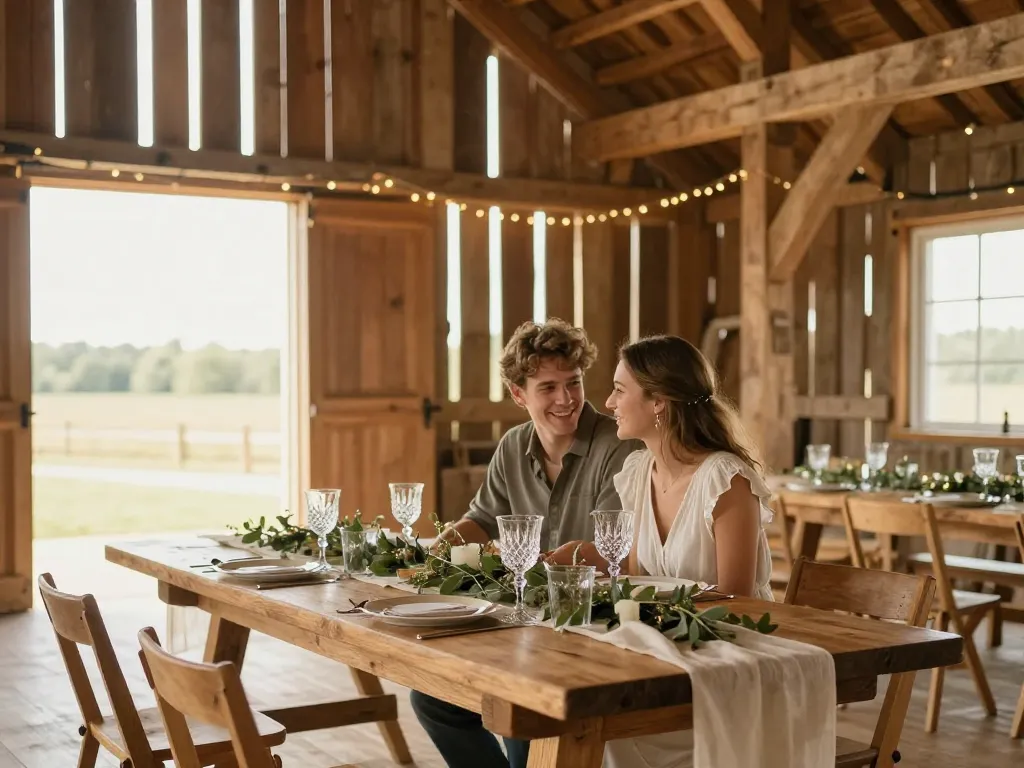 Aménagement d'une salle de réception de mariage dans une grange avec une grande table en bois massif et une décoration florale champêtre.