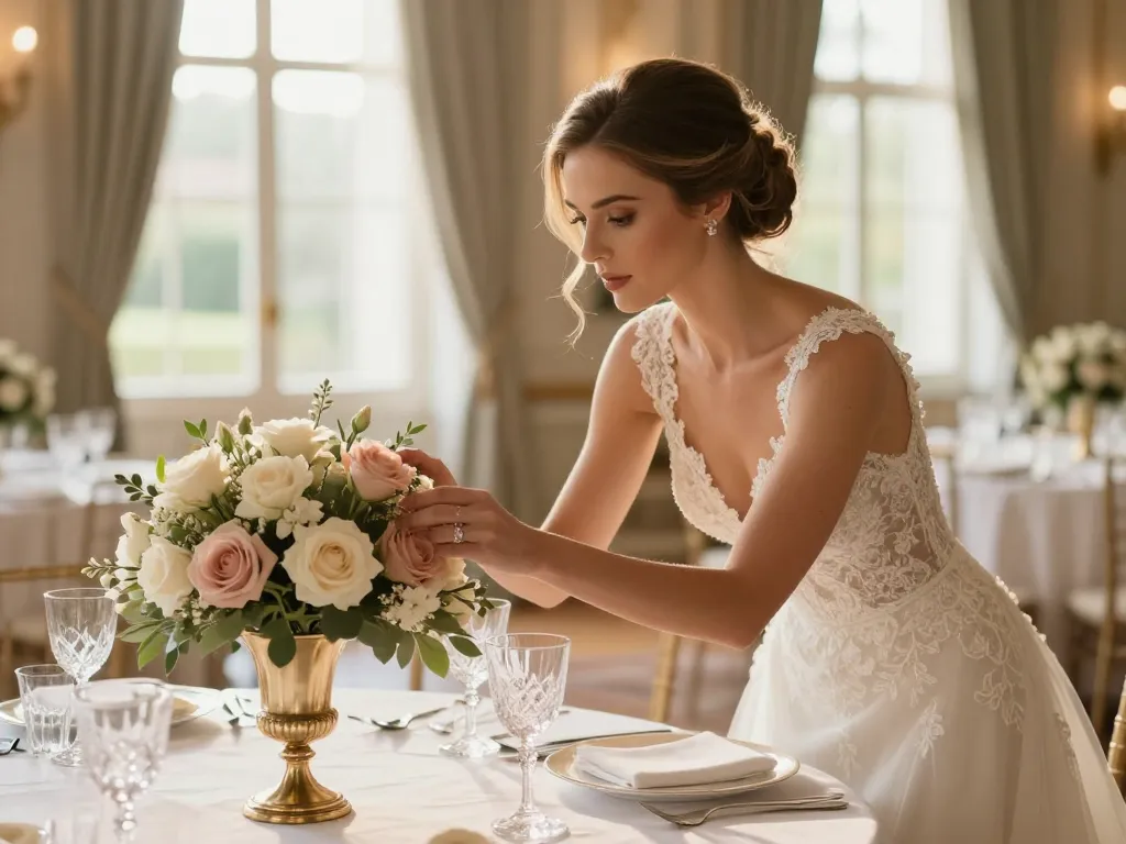 Portrait de la mariée Camille admirant les détails raffinés d'une décoration de table de mariage élégante et fleurie.