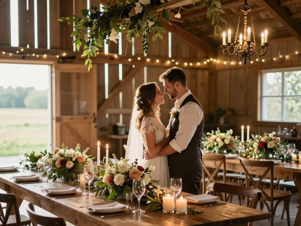Décoration de mariage bucolique à l'intérieur d'une grange avec des compositions florales, des guirlandes lumineuses et un couple de mariés.