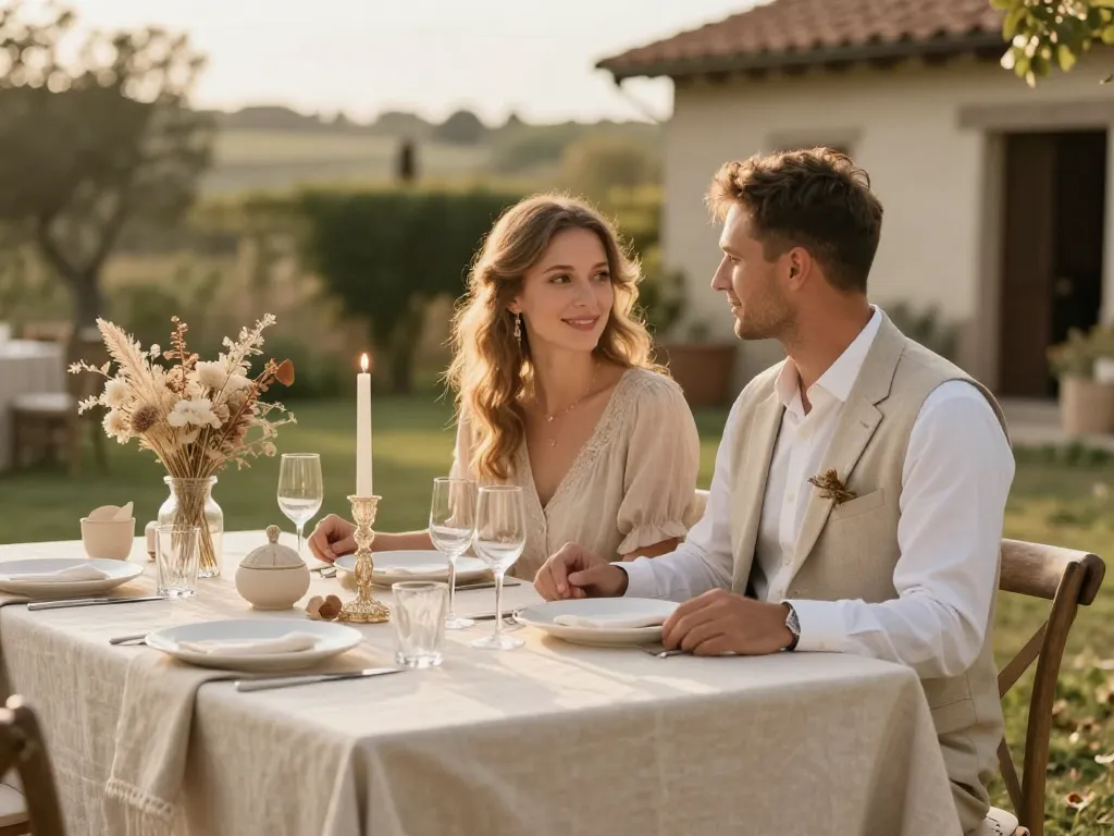 Décoration de mariage monochrome dans les tons beige et lin avec un couple élégant lors d'une réception champêtre en plein air.