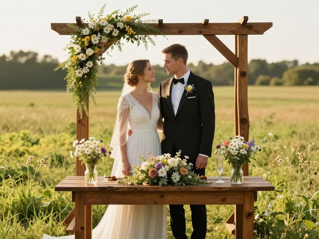 Couple de mariés élégants devant une arche en bois fleurie dans une prairie ensoleillée pour un mariage style champêtre.