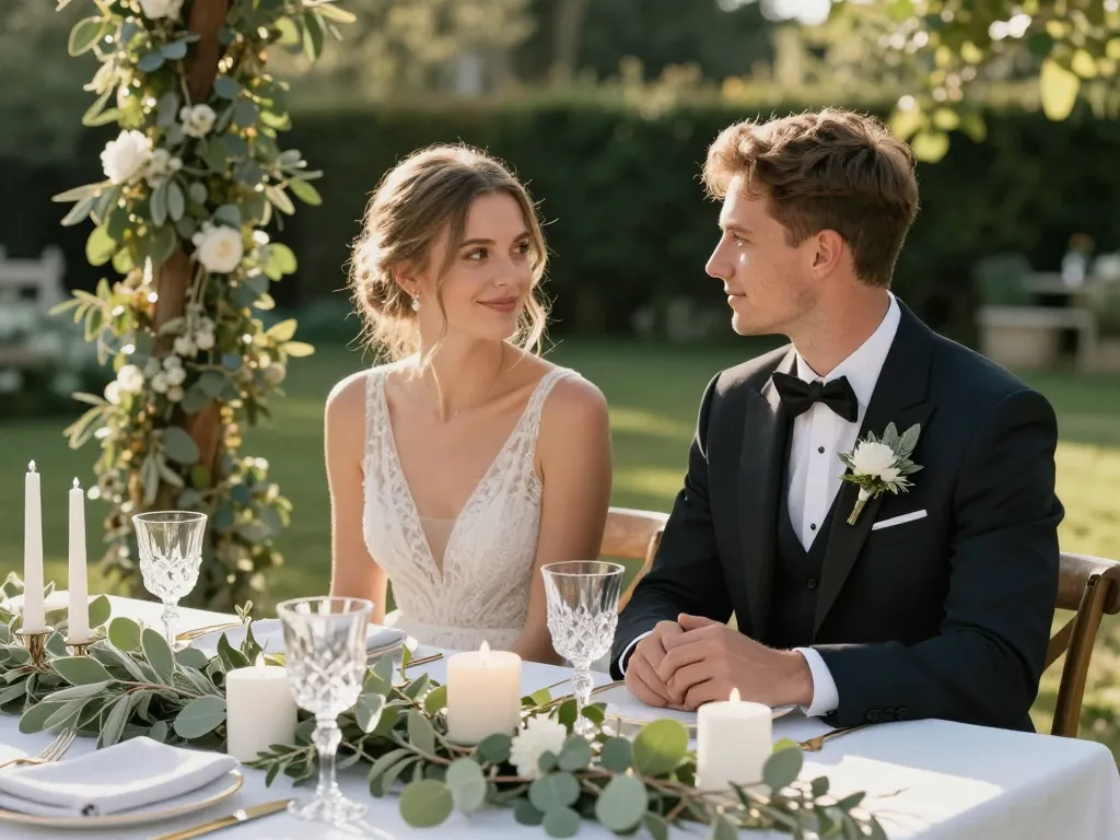 Décoration de table de mariage élégante avec guirlandes de sauge et eucalyptus, bougies blanches et un jeune couple de mariés dans un jardin.