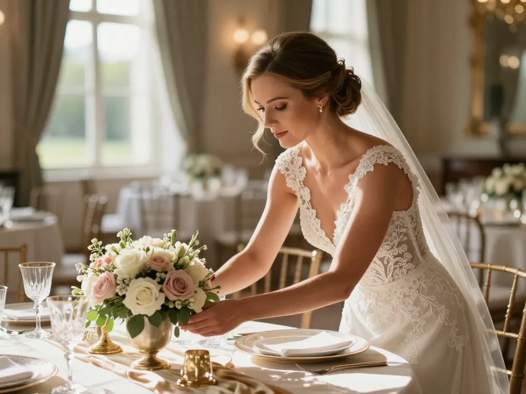 Détails d'une décoration de table de mariage élégante avec fleurs de saison et vaisselle de luxe devant une mariée souriante.