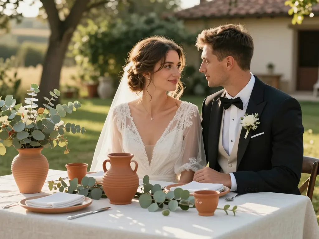 Scénographie de mariage champêtre avec décoration de table en terre cuite et compositions florales vert sauge.