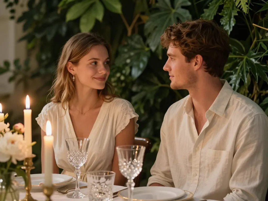 Décoration de mariage élégante avec des centres de table en verre ciselé et un mur végétal luxuriant en arrière-plan.