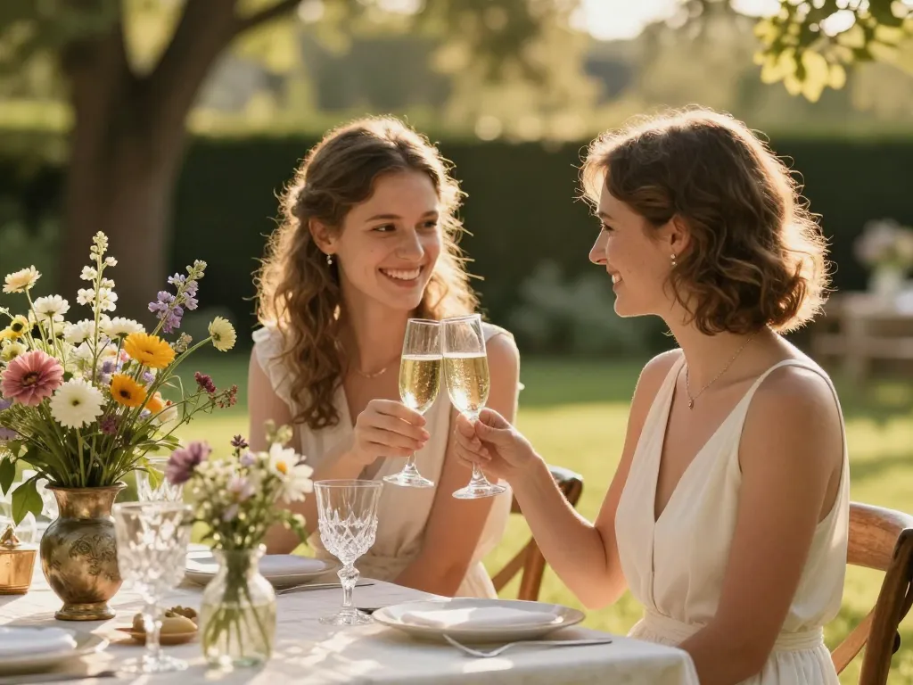 Couple d'invités célébrant un mariage lors d'un vin d'honneur en plein air orné de fleurs des champs et de décorations bohèmes.
