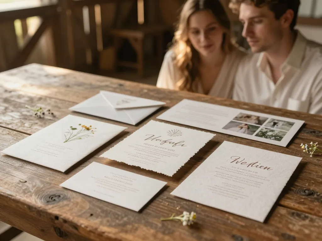 Ensemble de papeterie de mariage raffinée et mur d'inspiration avec fleurs des champs sur une table en bois rustique.