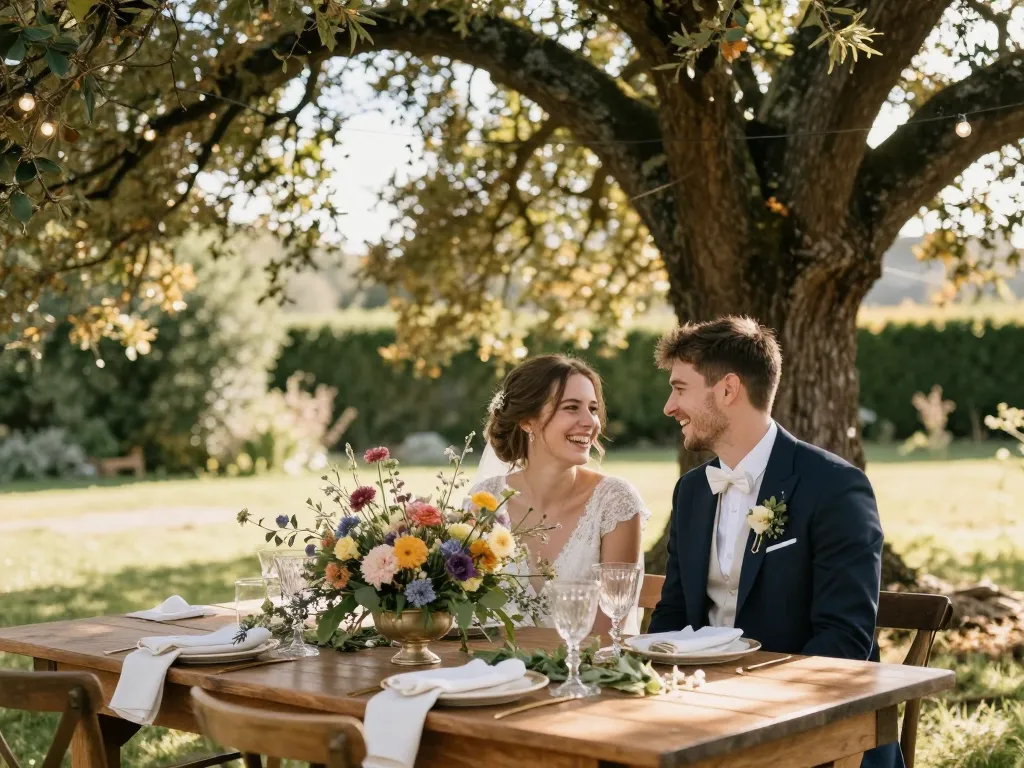 Réception de mariage en plein air avec une décoration champêtre élégante et un couple à table sous un grand chêne baigné de lumière dorée.