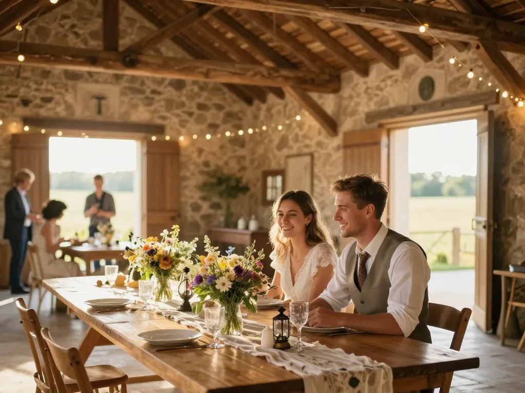 Décoration de table pour une réception de mariage champêtre dans une grange avec des fleurs sauvages et des guirlandes lumineuses.