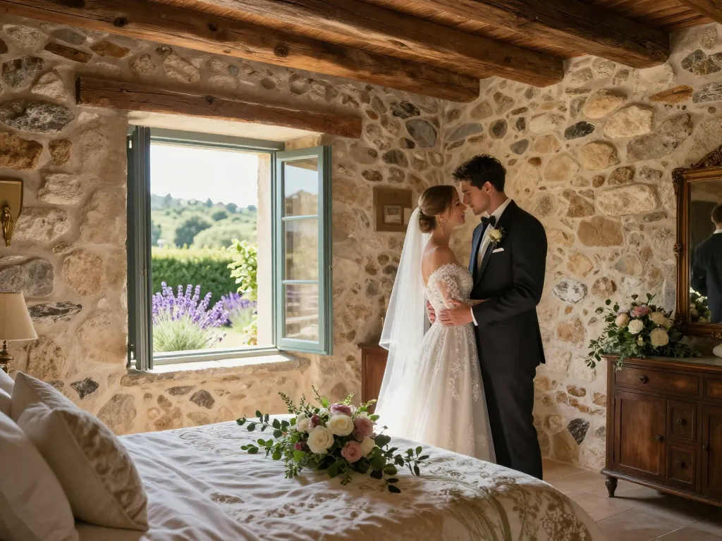 Un couple de mariés dans une chambre de gîte à la décoration raffinée avec des poutres apparentes et des compositions florales élégantes.