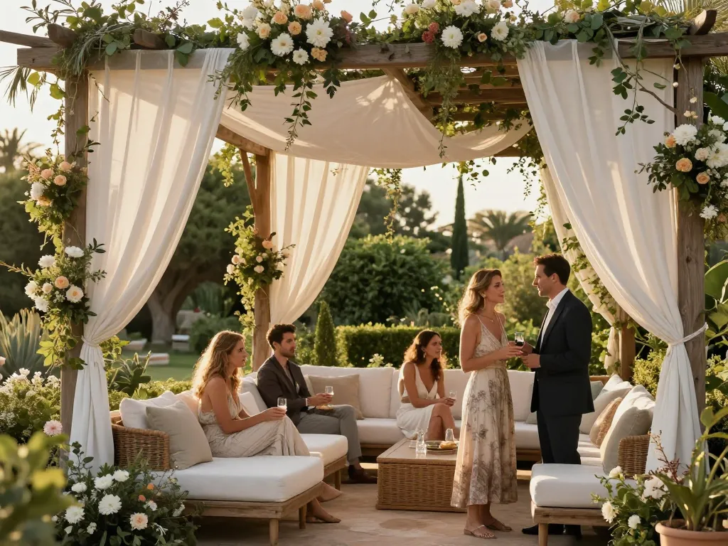 Aménagement d'un salon de mariage en extérieur avec pergola en bois, voilages blancs et compositions florales élégantes dans un jardin au soleil couchant.