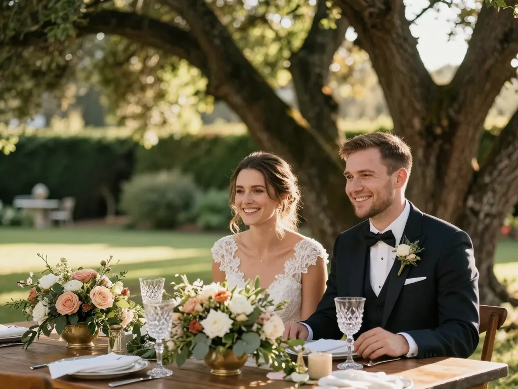 Couple de mariés assis à une table de banquet élégamment décorée de fleurs lors d'une réception en plein air dans un jardin verdoyant au coucher du soleil.