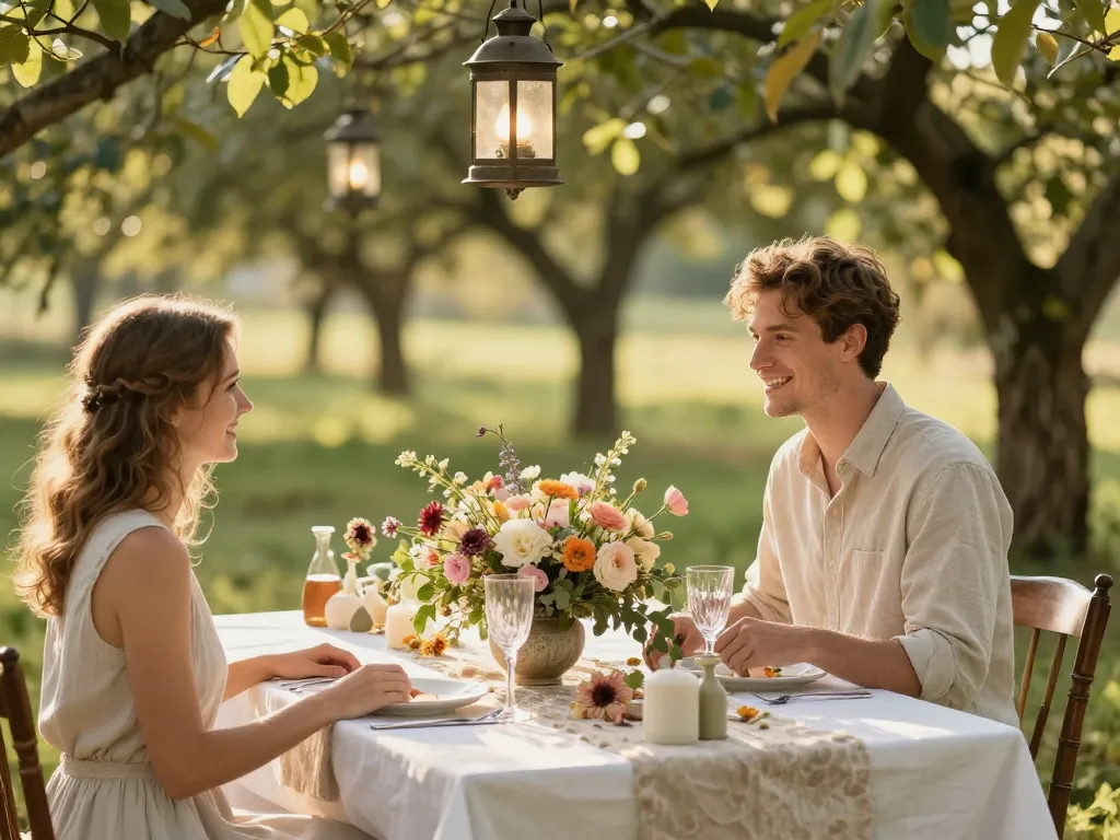 Un couple de mariés assis à une table de mariage bohème élégamment décorée avec des fleurs des champs en plein air.