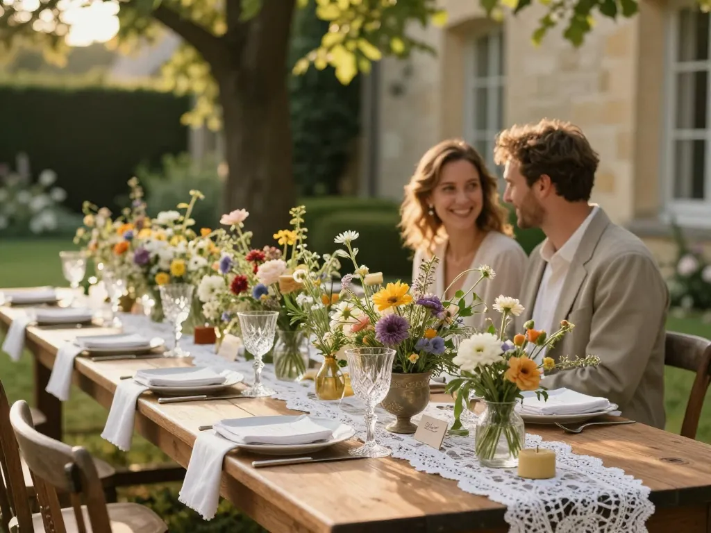 Table de mariage champêtre élégante avec compositions florales et vaisselle raffinée dans le jardin d'un domaine.
