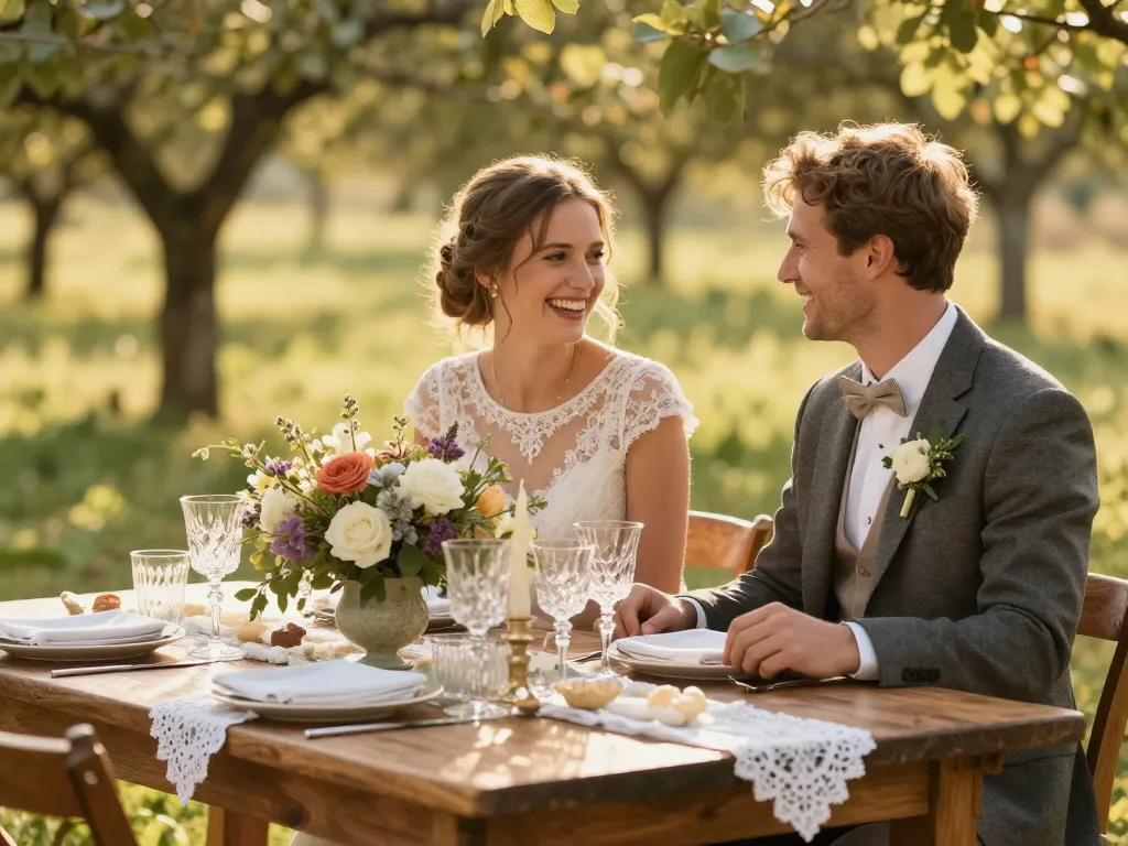 Mariés assis à une table de mariage décorée dans un style champêtre avec des fleurs sauvages et des bougies.