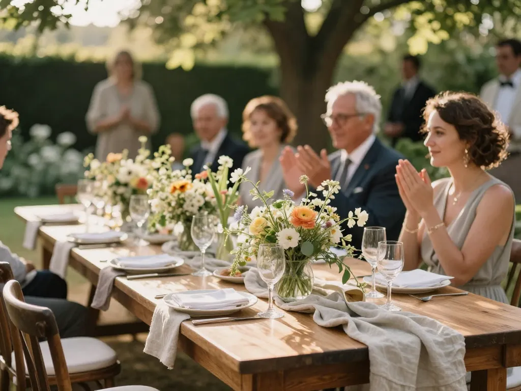 Scénographie d'une table de mariage champêtre avec fleurs sauvages, vaisselle vintage et linge de table naturel dans le parc d'un domaine.