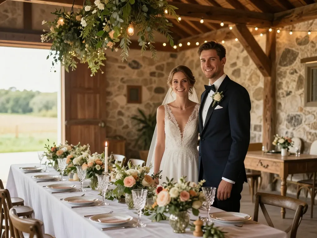 Mariés devant une table de mariage champêtre élégamment décorée dans une grange rustique.