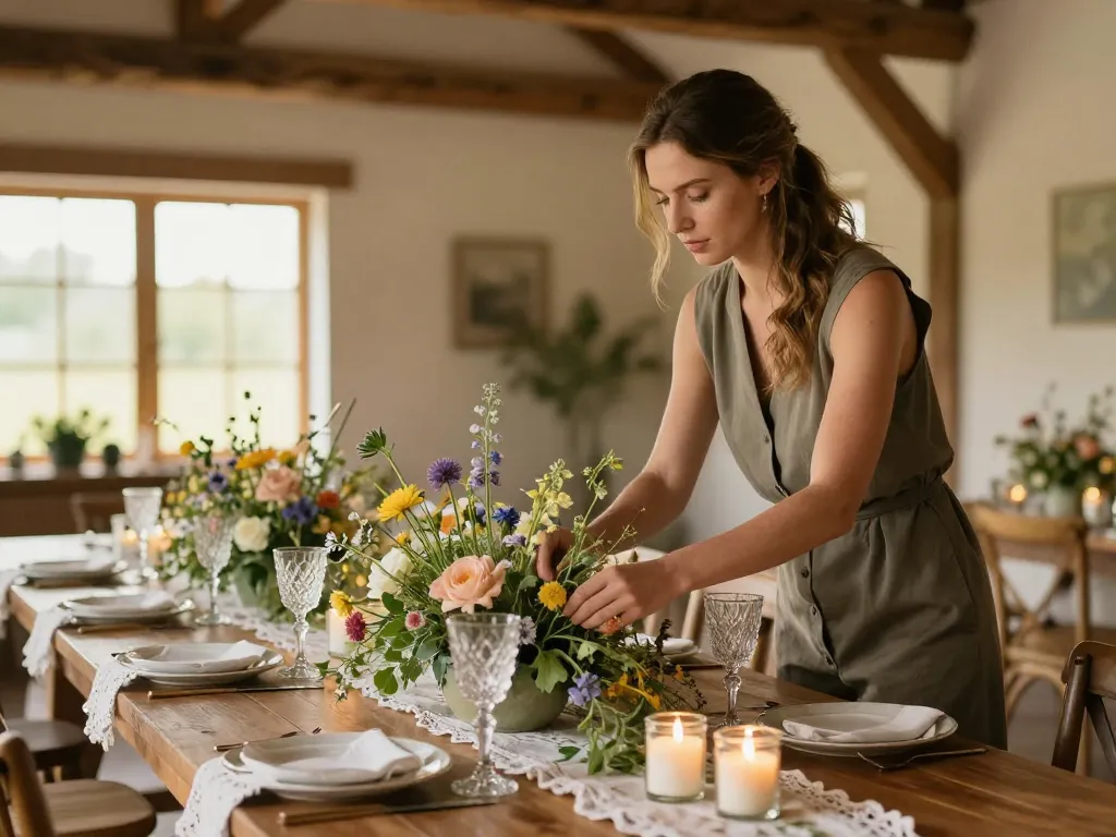 Décoration d'une table de mariage champêtre avec un chemin de fleurs sauvages et de la vaisselle vintage lors de l'installation du jour J.