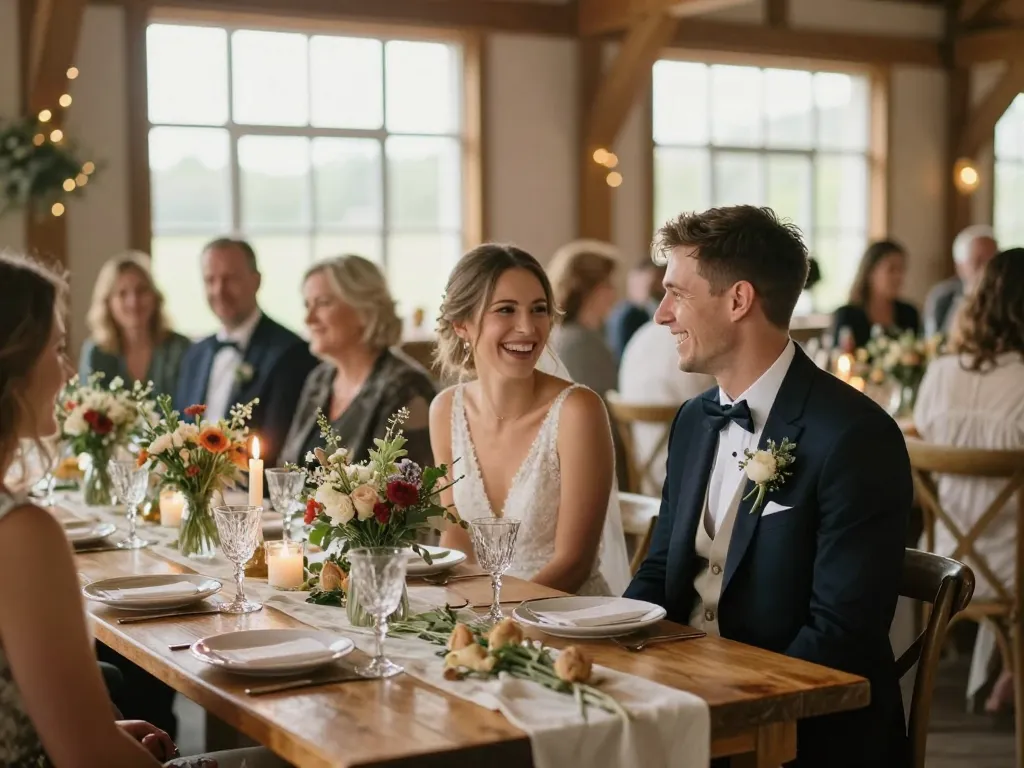 Décoration de table de mariage champêtre avec compositions florales sauvages, vaisselle vintage et bougies dans une grange élégante.
