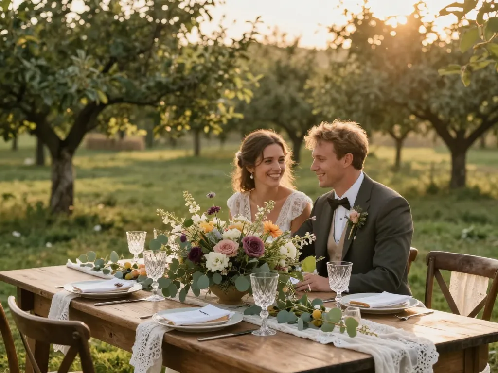 Décoration de table de mariage champêtre avec bouquets de fleurs sauvages et couple de mariés souriant sous un arbre.