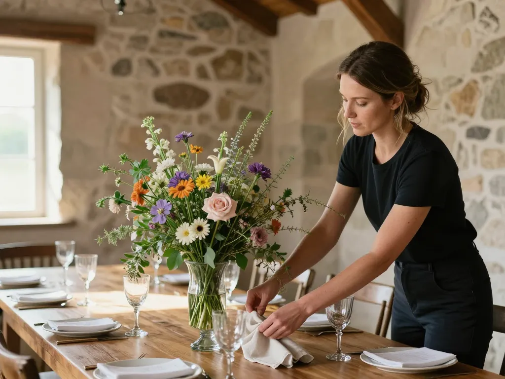 Installation professionnelle d'une décoration de table de mariage champêtre avec centre de table floral et nappe en lin.