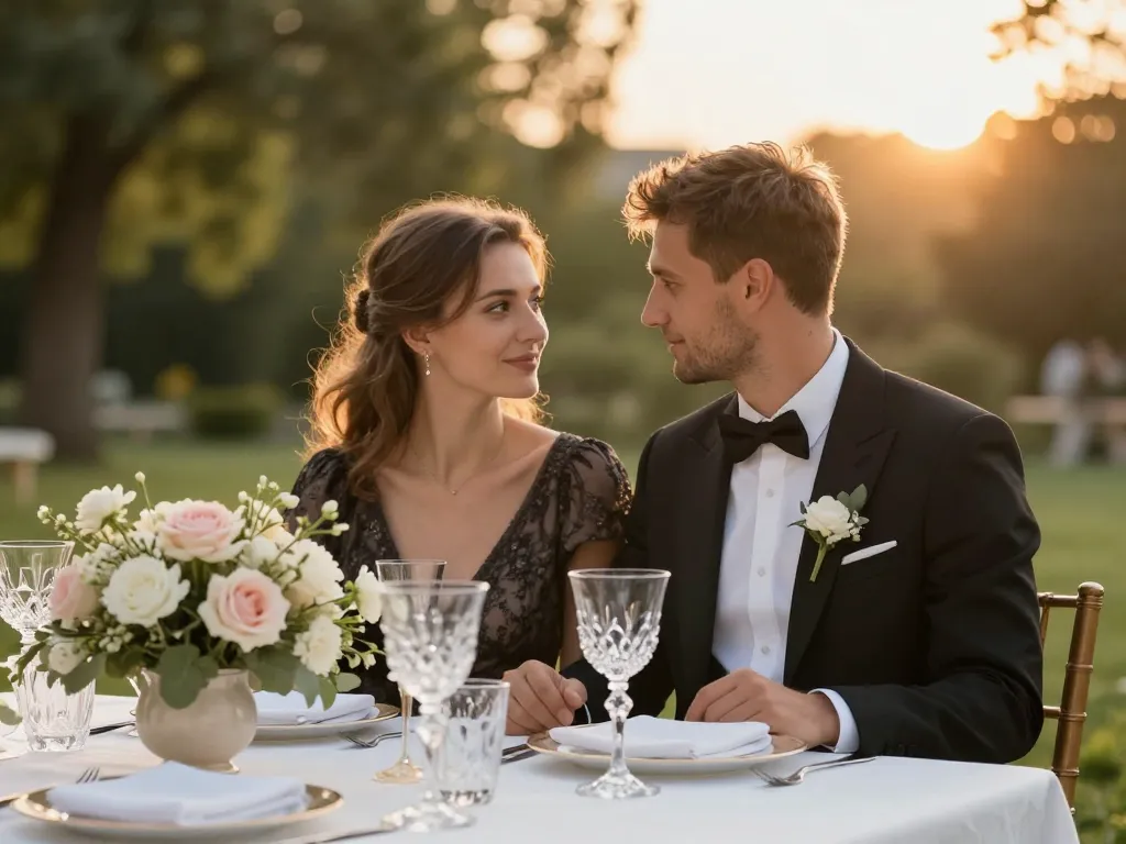 Décoration de table de mariage élégante avec centre de table floral, verrerie en cristal et couple d'amoureux dans un jardin au coucher du soleil.