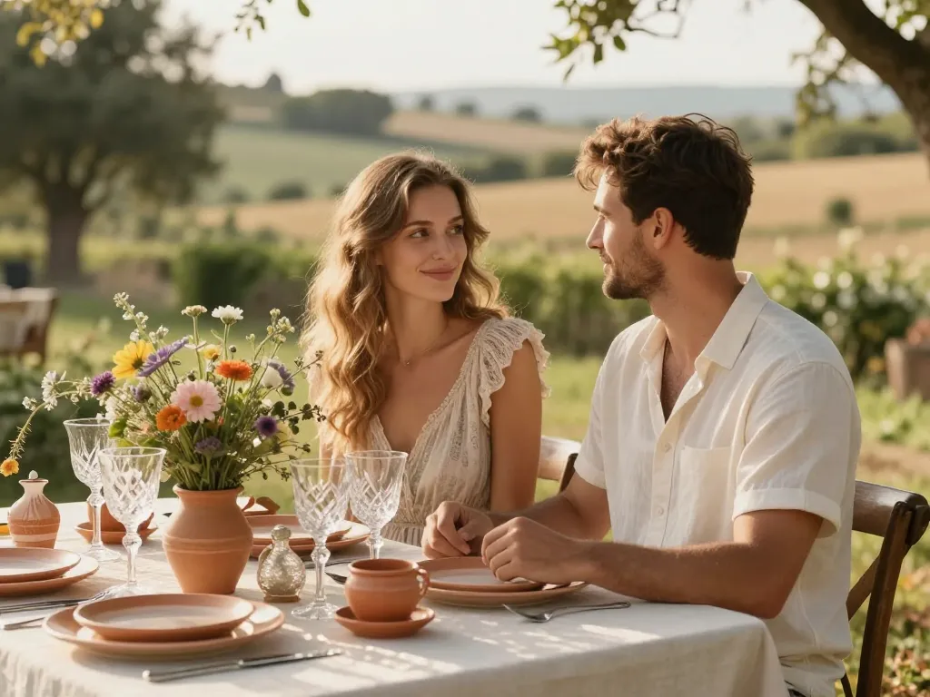 Mise en scène d'une table de mariage avec de la vaisselle terracotta et des fleurs séchées dans un esprit champêtre et élégant.