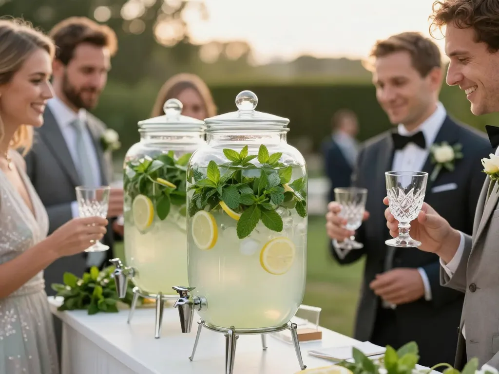 Stand de rafraîchissements élégant avec limonade à la menthe et invités souriants lors d'un vin d'honneur de mariage en plein air.