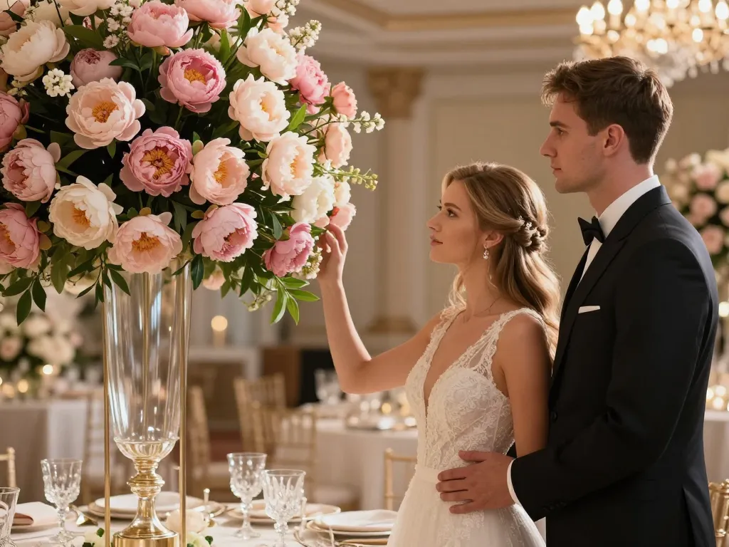 Un couple de mariés admire une somptueuse arche de fleurs naturelles et une décoration de table raffinée lors d'une réception de mariage.