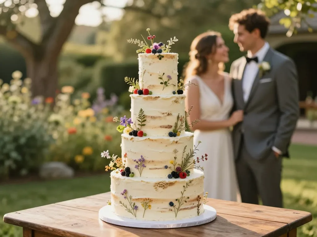 Gros plan d'un gâteau de mariage à étages de style nude cake décoré de fleurs des champs et de baies sur une table rustique.