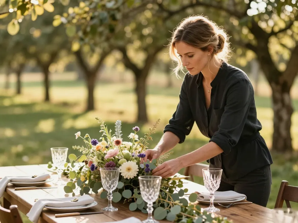 Décoratrice installant un centre de table champêtre composé de fleurs sauvages et d'eucalyptus pour un mariage authentique.