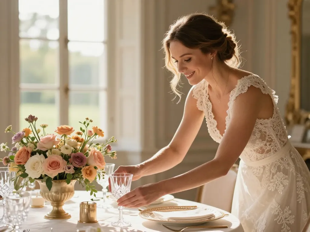 Une scénographe professionnelle apportant une touche finale à une table de mariage prestigieuse aux détails raffinés et sensoriels.