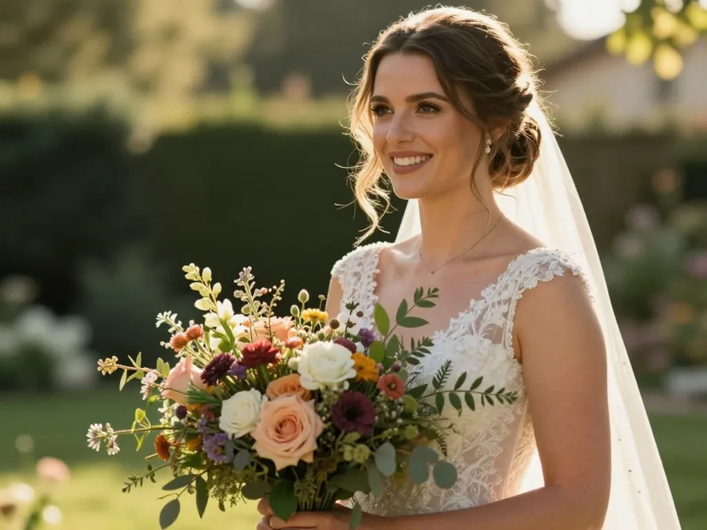 Portrait d'une mariée souriante prénommée Léa tenant un grand bouquet de fleurs de saison devant une arche décorative dans un jardin.