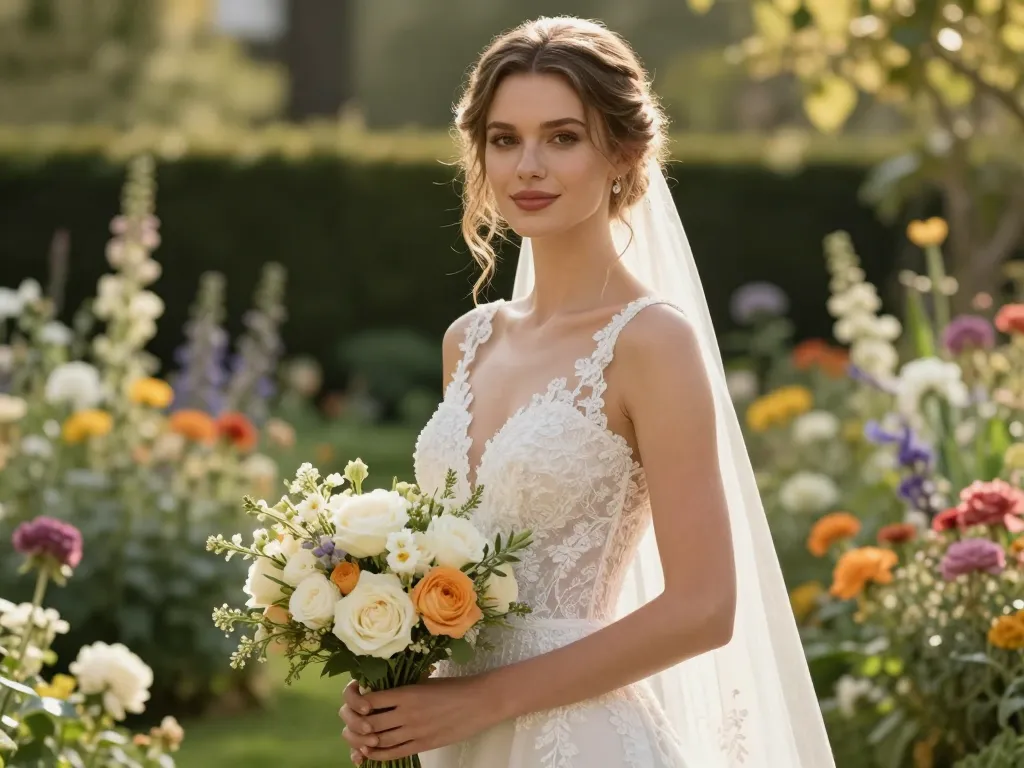 Portrait de Léa, une mariée rayonnante tenant un bouquet de fleurs de saison au cœur d'une décoration florale élégante dans un jardin.