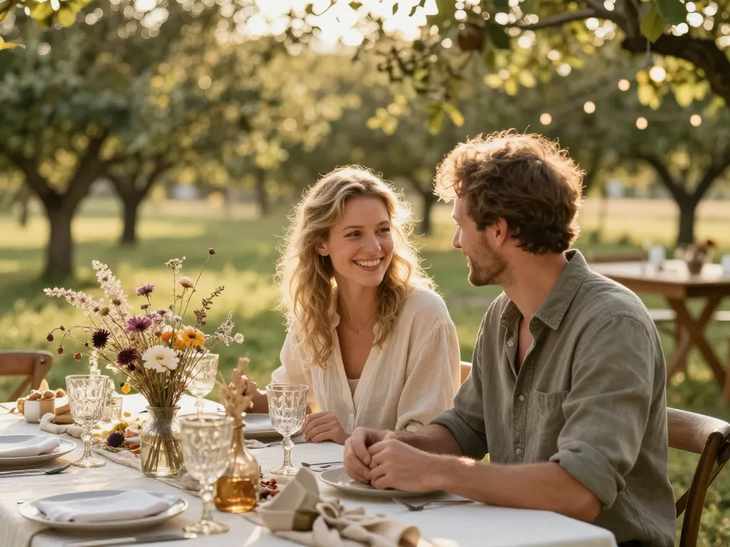 Décoration de table de mariage champêtre éco-responsable avec fleurs séchées, vaisselle vintage et un couple heureux en extérieur.
