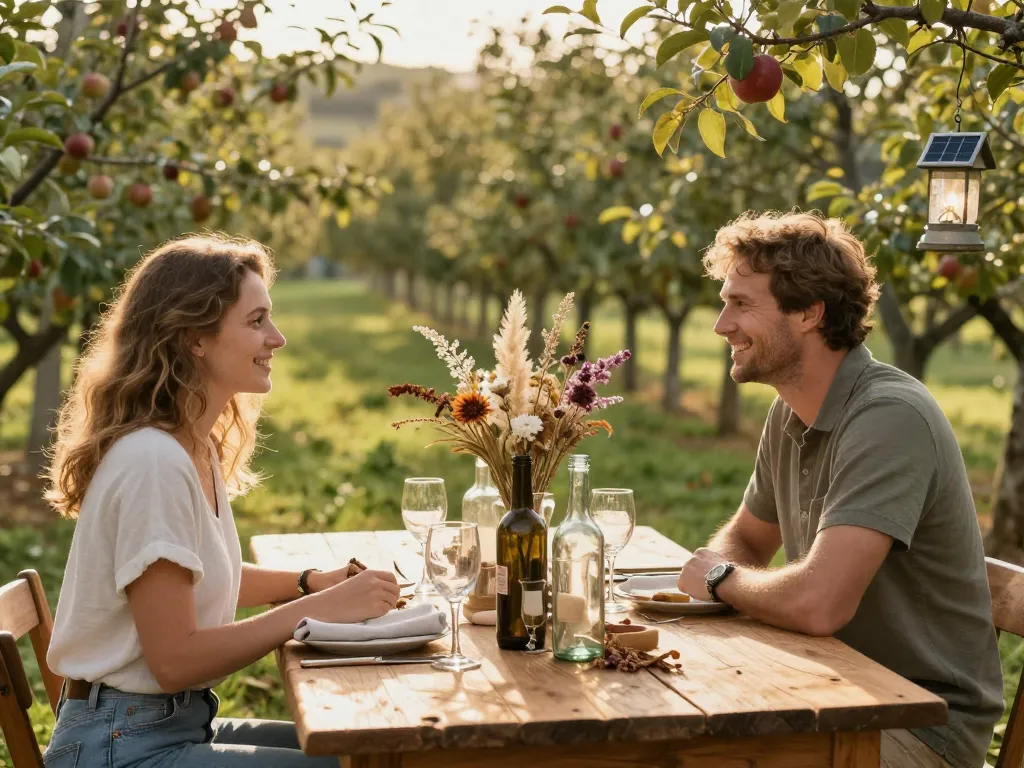 Décoration de table de mariage champêtre avec centre de table en fleurs séchées et couple souriant dans un verger.