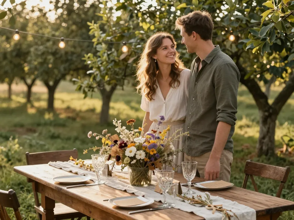 Décoration de mariage éco-responsable avec un centre de table en fleurs séchées et un couple élégant dans un jardin champêtre.