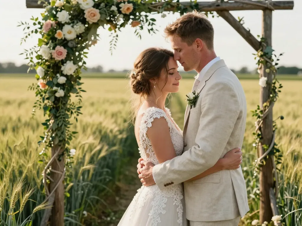 Couple de mariés complices s'enlaçant sous une arche fleurie lors d'un mariage champêtre au domaine.