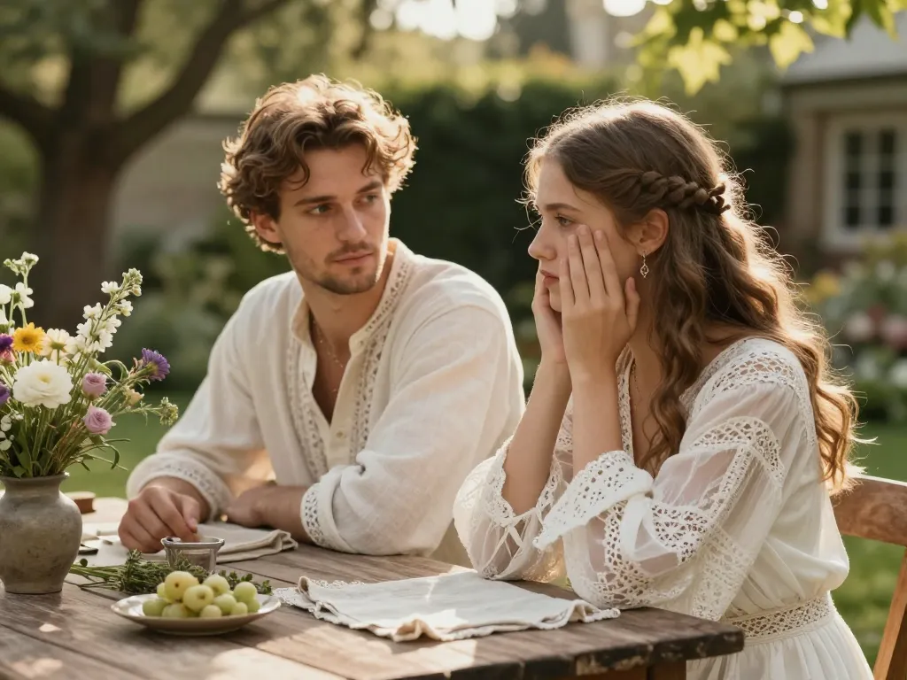 Un couple de mariés complices dans un jardin bucolique devant une table de réception champêtre et naturelle.